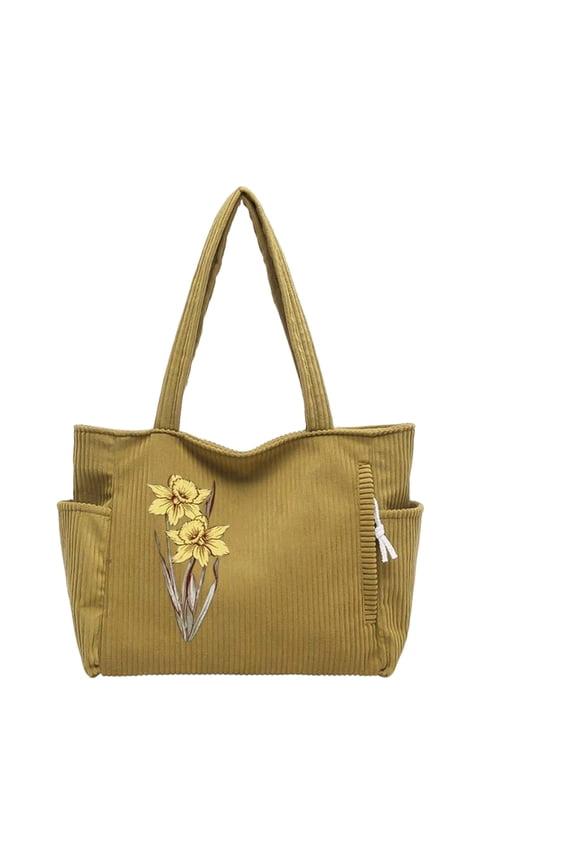 Personalized Birth Flower Corduroy Tote Bag for Women Custom Large Shoulder Handbags with Zipper and Name for Travel College Work and Holiday Gift Giving