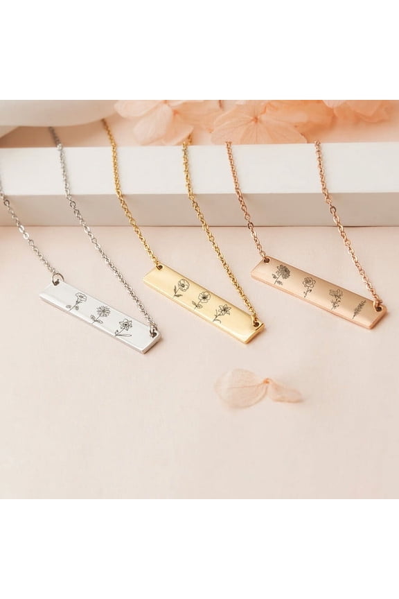 Personalized Birth Flower Family Bar Necklace for Her - Combined Birth Flower Necklace - Poppy Necklace with Back Engravable Name - Bithday gift for Mom
