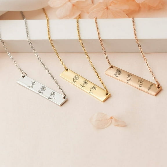 Personalized Birth Flower Family Bar Necklace for Her - Combined Birth Flower Necklace - Poppy Necklace with Back Engravable Name - Bithday gift for Mom