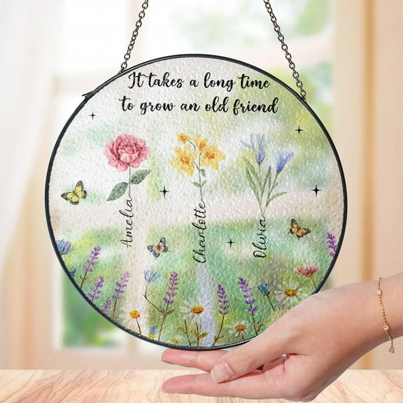 Personalized Birth Flower Faux Stained Glass Suncatcher, Custom Friendship Keepsake Gift