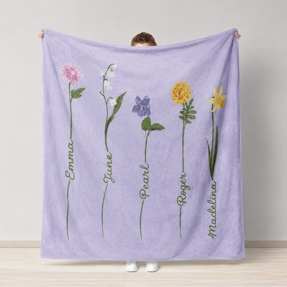 Personalized Birth Flower Fleece Blanket, Custom Name Floral 3D Print Throw, 280gsm Polyester, 30x40 to 60x80 in