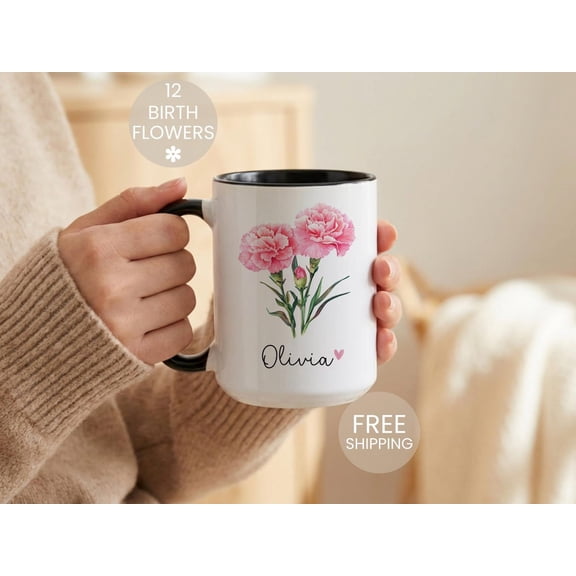 Personalized Birth Flower Mug with Name, Custom Birth Month Flower Ceramic Coffee Mug, 11oz/15oz, Birthday Gift for Mom, Sister, Friend