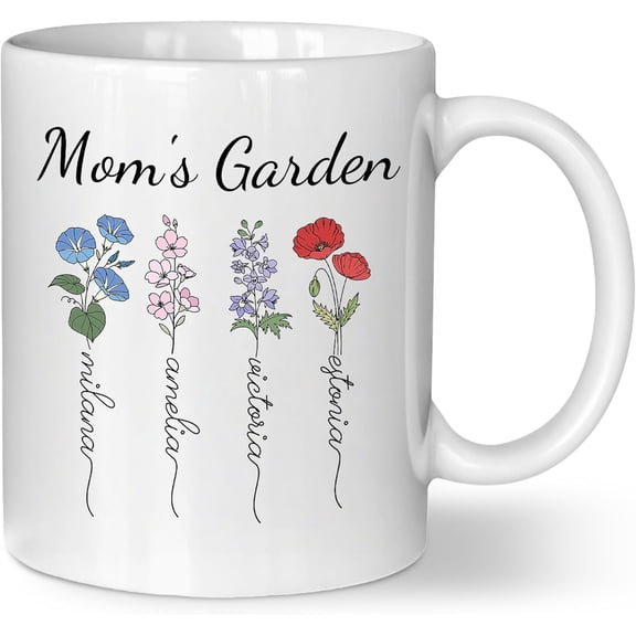 Personalized Birth Flower Mug with Names, Custom Coffee Cup Gift for Mom or Grandma for Mother's Day or Birthday