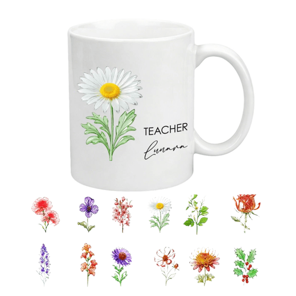 Personalized Birth Flower Name Coffee Mug, Custom Ceramic Cup With Flowers and Names 11oz, Floral Gifts Women Mom Grandma Sister Friend, Custom Tea or Coffee Cup With Name Birthday Keepsake