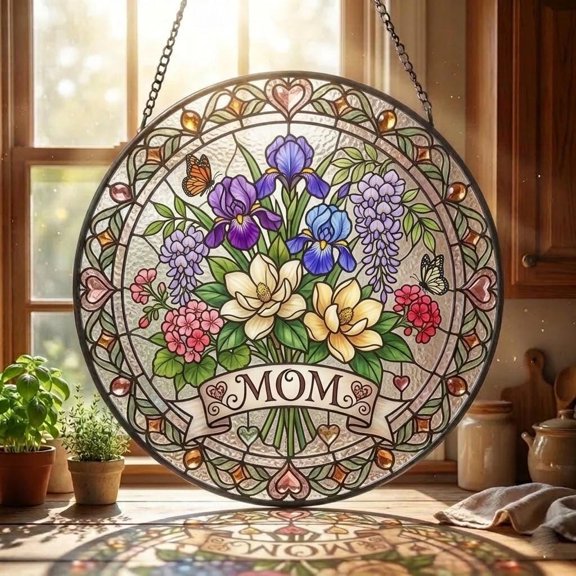 Personalized Birth Flower Wall Art - Stained Glass | Botanical Design | Unique Mother's Day Gift For Mom Mama | Home Decor