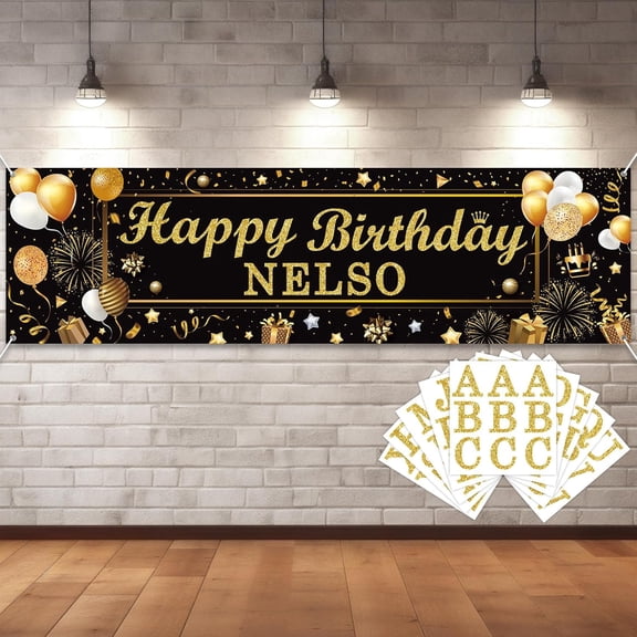Personalized Birthday Banner Happy Birthday Party Decoration Custom DIY Black Gold Birthday Party Backdrop with Name Alphabet Letter Sticker Happy Birthday Sign Party Supplies for Men Women