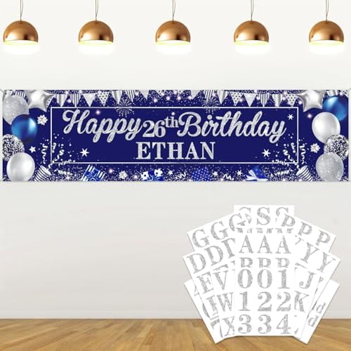 Personalized Birthday Banner for Party, with Name & Ages Option-Custom DIY Alphabet & Numbers Stickers Birthday Party Backdrop Indoor/Outdoor Celebrations (Blue Silver)