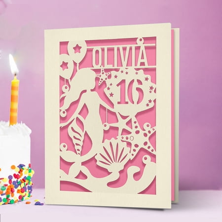 Personalized Birthday Card for Girls, Papercut Mermaid Greeting Card with Envelope Blank Inside,Novelty Gift for Daughter Granddaughter Niece Sister, Customized Name and Age