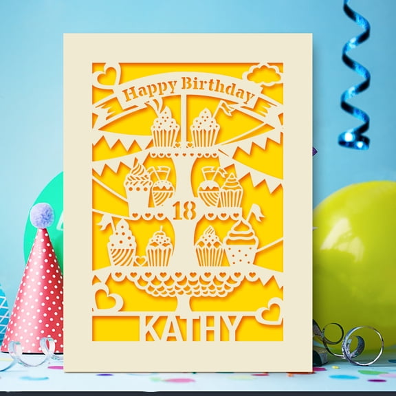 Personalized Birthday Card, Papercut Cupcake Tower Greeting Card with Envelope, Happy Birthday Card for Women Men Kids, Customized Name and Age