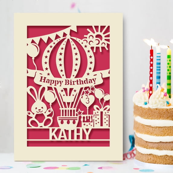 Personalized Birthday Card,Papercut Rabbit and Balloons,Happy Birthday Greeting Card for Child Kids Son Daughter Niece Nephew