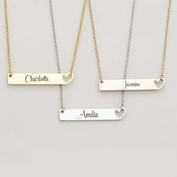Personalized Birthday Day Gift for Wife Mom Women's Heart Bar Name Necklace Stainless Steel Gift for Girlfriend Fiancee Engravable Couples Free Gift Box Ships Next Day