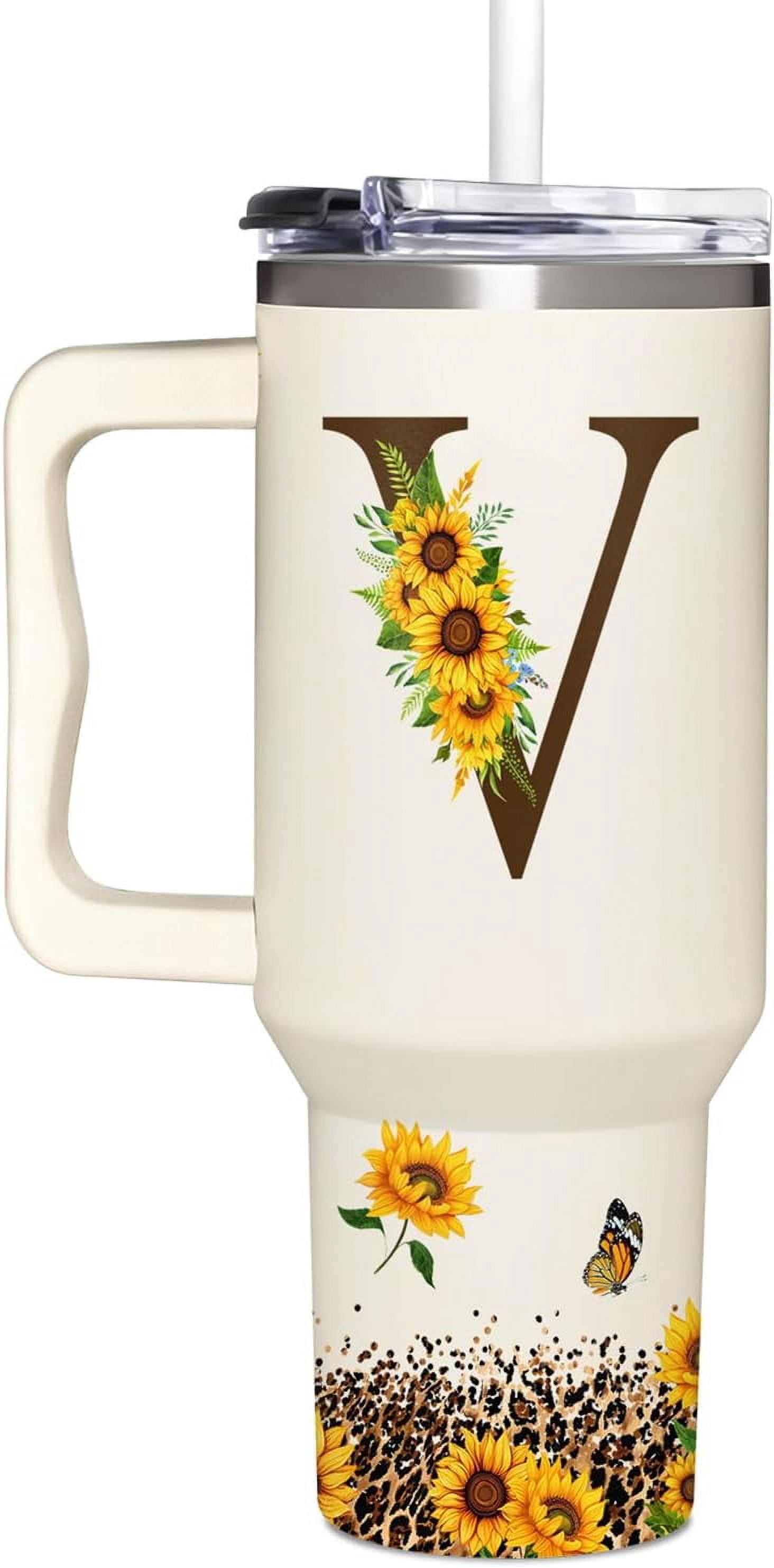 Personalized Birthday Gifts For Women - Sunflowers Monogrammed Cup For Boss Day, Christmas - Customized Gifts For Women, Mom, Wife, Coworkers, Boss Lady, Her - Custom Tumbler With Handle 40oz