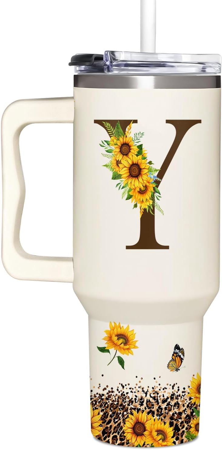 Personalized Birthday Gifts For Women - Sunflowers Monogrammed Cup For Boss Day, Christmas - Customized Gifts For Women, Mom, Wife, Coworkers, Boss Lady, Her - Custom Tumbler With Handle 40oz