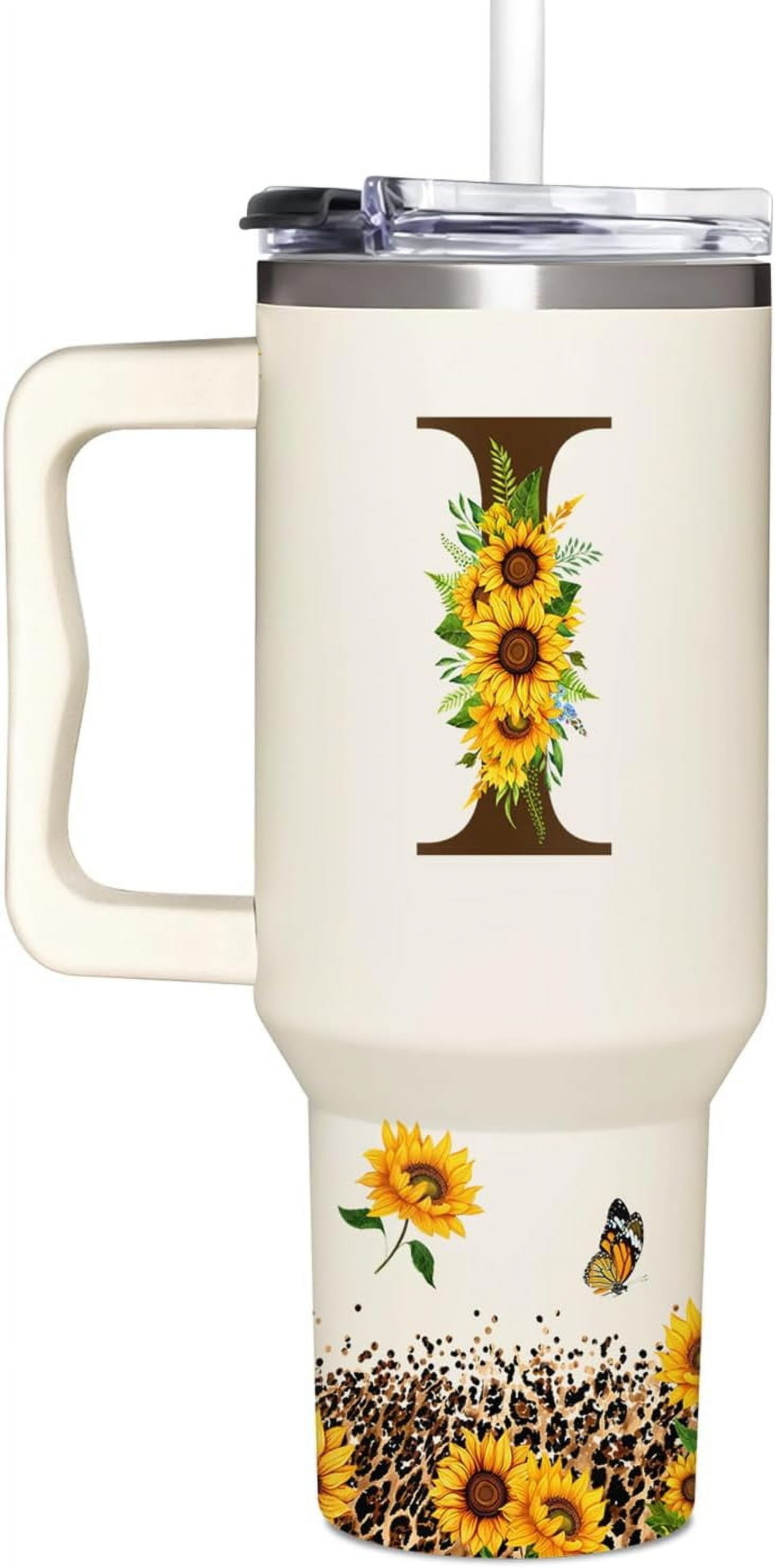 Personalized Birthday Gifts For Women - Sunflowers Monogrammed Cup For Boss Day, Christmas - Customized Gifts For Women, Mom, Wife, Coworkers, Boss Lady, Her - Custom Tumbler With Handle 40oz
