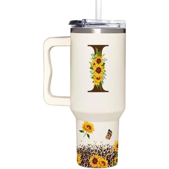 Personalized Birthday Gifts For Women - Sunflowers Monogrammed Cup For Boss Day, Christmas - Customized Gifts For Women, Mom, Wife, Coworkers, Boss Lady, Her - Custom Tumbler With Handle 40oz