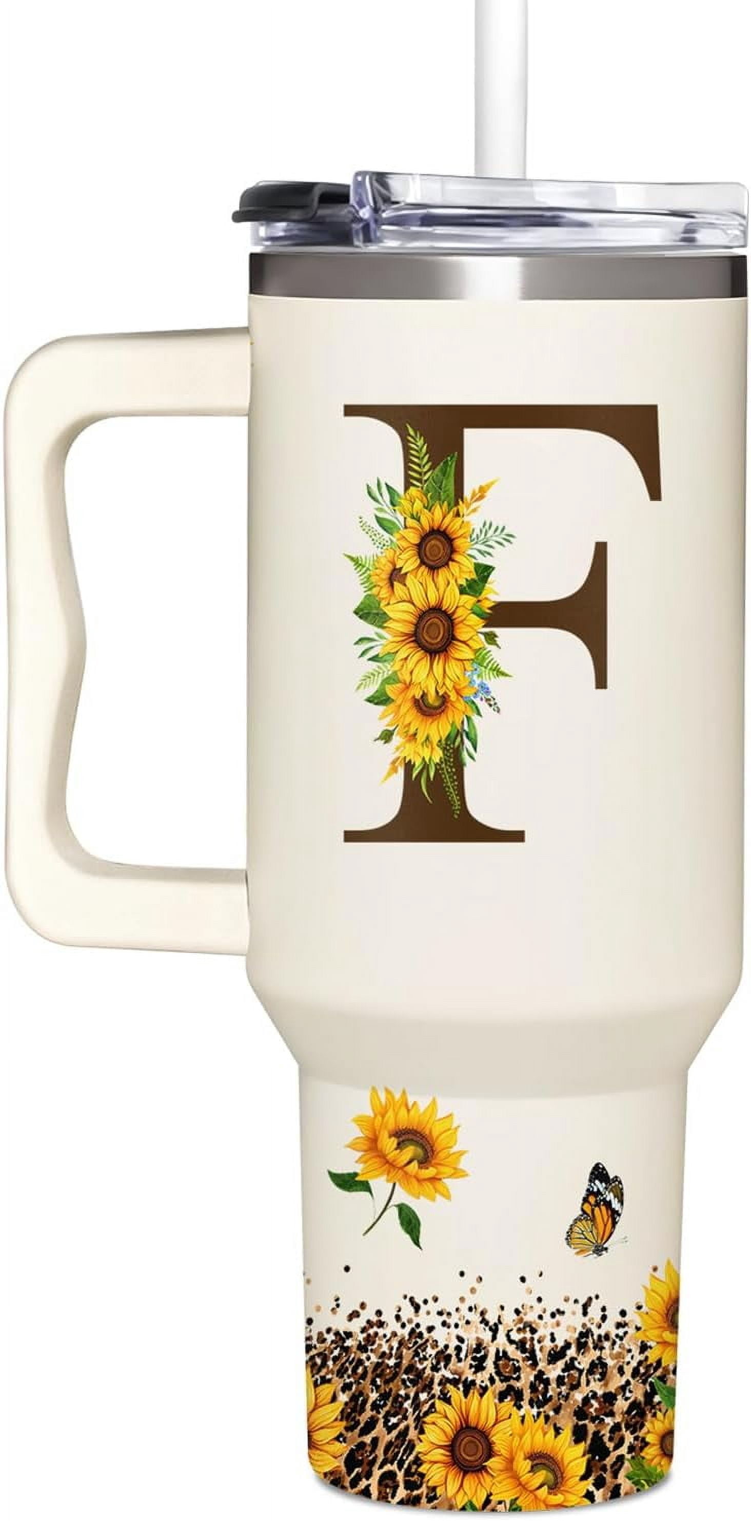 Personalized Birthday Gifts For Women - Sunflowers Monogrammed Cup For Boss Day, Christmas - Customized Gifts For Women, Mom, Wife, Coworkers, Boss Lady, Her - Custom Tumbler With Handle 40oz