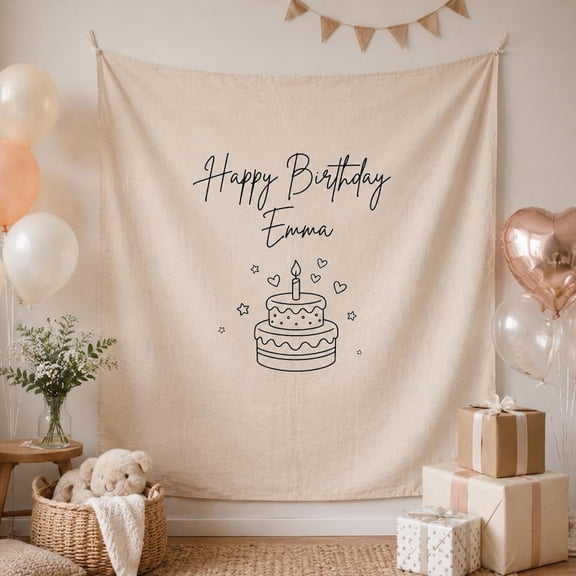 Personalized Birthday Linen-Style Fabric Tapestry, Custom Name Minimalist Party Backdrop for Birthday Celebration Decor and Photo Booth
