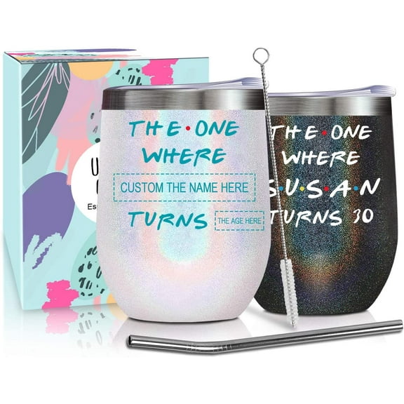 Personalized Birthday Wine Cup Gifts with Names Ages for Women Mom Daughter Aunt Sister Grandma Nana Gigi 12oz Custom Birthday Wine Tumbler with Lid Straw Bday Presents for Friends Female