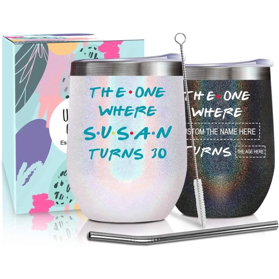 Personalized Birthday Wine Cup Gifts with Names Ages for Women Mom Daughter Aunt Sister Grandma Nana Gigi 12oz Custom Birthday Wine Tumbler with Lid Straw Bday Presents for Friends Female