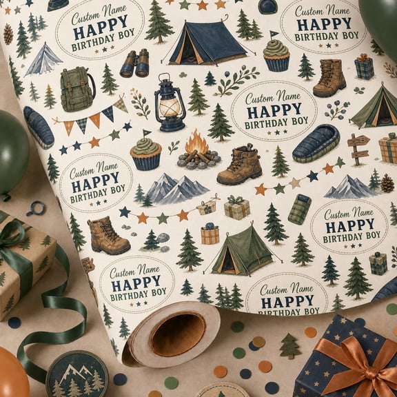 Personalized Birthday Wrapping Paper Camping Theme Paper Gift Wrap for Custom Party Presents