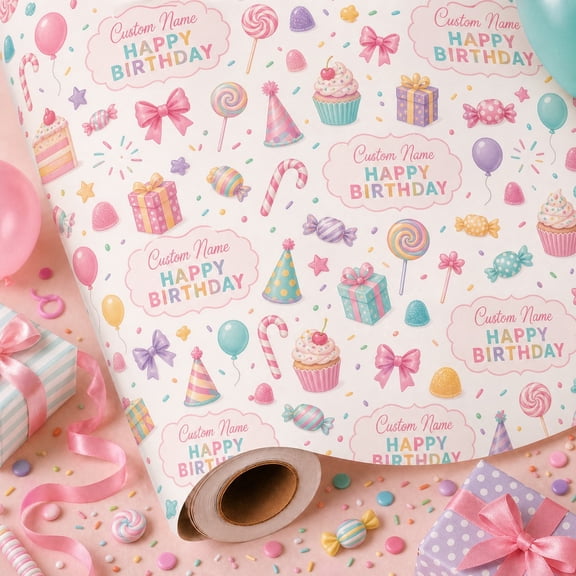 Personalized Birthday Wrapping Paper Candy Pop Gift Wrap for Custom Happy Birthday Presents