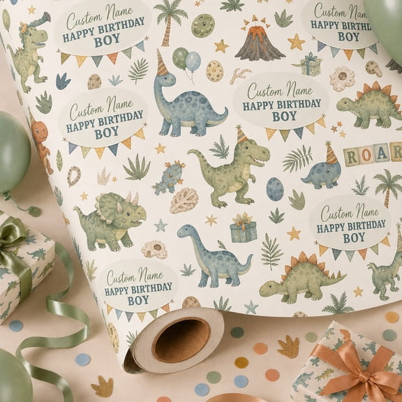 Personalized Birthday Wrapping Paper Dinosaur Party Gift Wrap for Birthday Party
