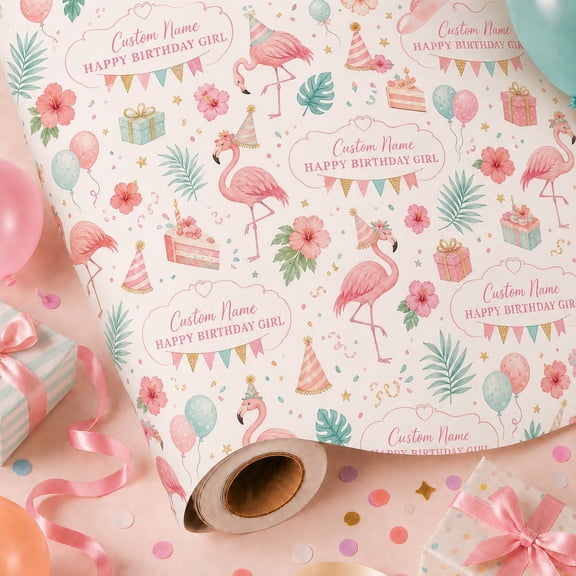 Personalized Birthday Wrapping Paper Flamingo Party Gift Wrap for Custom Name Celebration