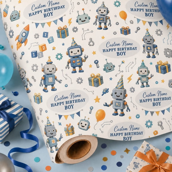 Personalized Birthday Wrapping Paper Robot Birthday Gift Wrap for Custom Party Presents