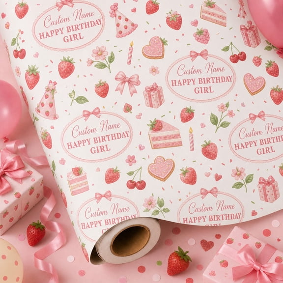 Personalized Birthday Wrapping Paper Strawberry Party Gift Wrap for Custom Name Celebration