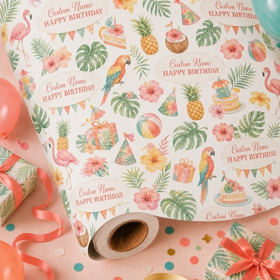 Personalized Birthday Wrapping Paper Tropical Flamingo Floral Gift Wrap for Custom Party Presents
