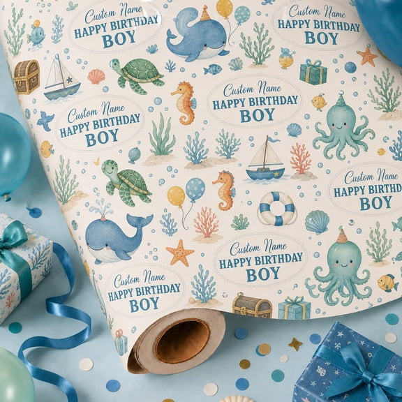 Personalized Birthday Wrapping Paper Under the Sea Custom Name Gift Wrap for Birthday Party