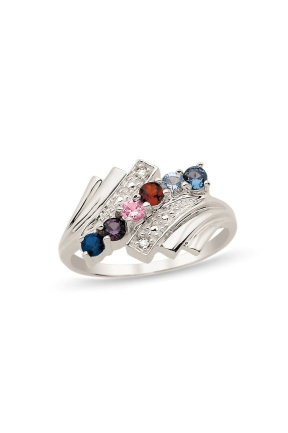 Personalized Birthstone Family Ring in Sterling Silver with Diamond Accents by Jewlster
