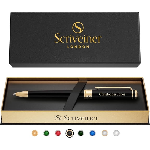 Personalized Black Ballpoint Pen - Stunning Luxury Pen, Jet Black Lacquer, Real Gold Plating, Schmidt Ink Refill, Best Engraved Ball Point Gift Set for Men & Women, Custom Name Engraving