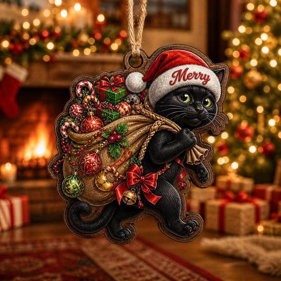 Personalized Black Cat Christmas Wooden Ornament for Cat Lovers