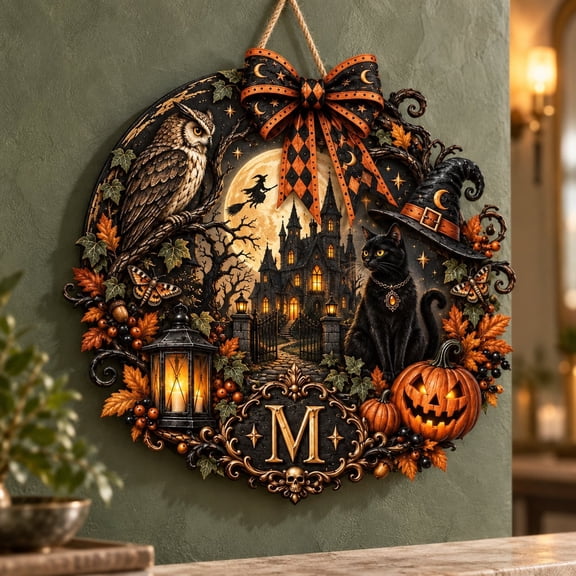 Personalized Black Cat Gothic Initial Wooden Halloween Sign