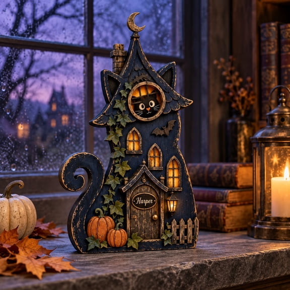 Personalized Black Cat Haunted House Wooden Block 3 Layer Halloween Decor