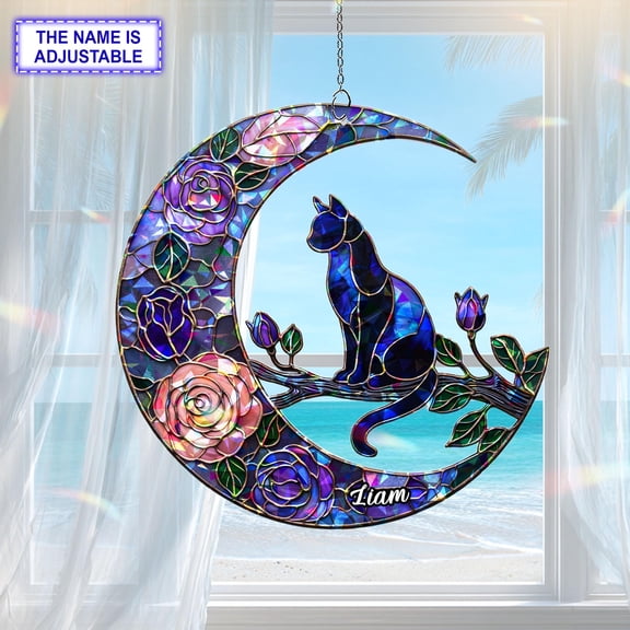 Personalized Black Cat Moon Acrylic Suncatcher, Custom Name Holographic Window Hanging Decor, Halloween Home Decor