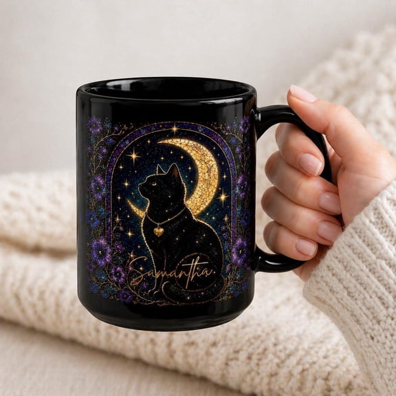 Personalized Black Cat Moon Mug, Custom Cat Lover Gift, Gothic Cat Coffee Mug, Mystical Cat Cup, Stained Glass Style Mug, Cat Mom Gift