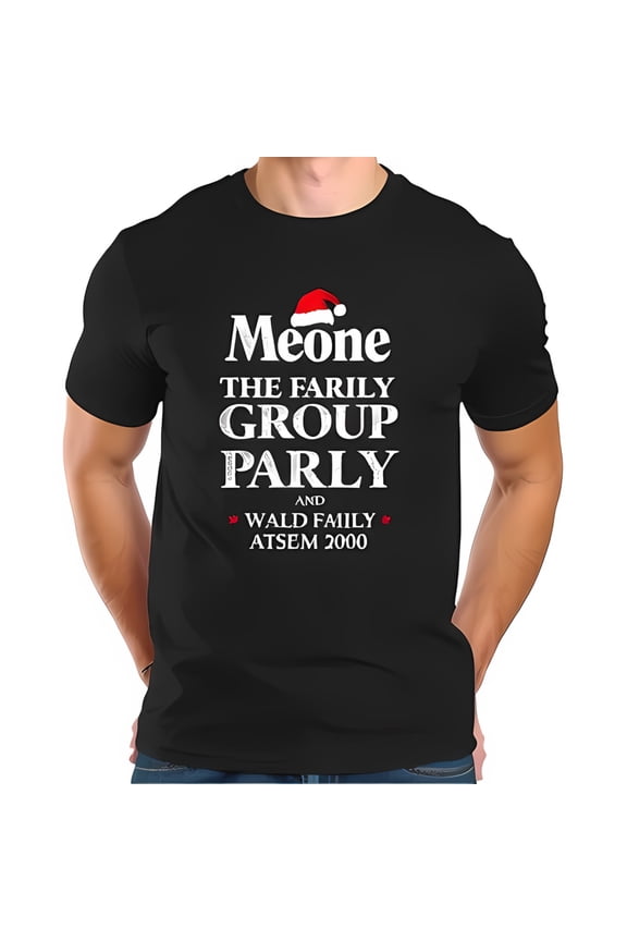 Personalized Black Cotton Short Sleeve T-Shirt with Vintage Christmas Design - " Meone The Farily Group Parly " & Santa Hat Family 2000
