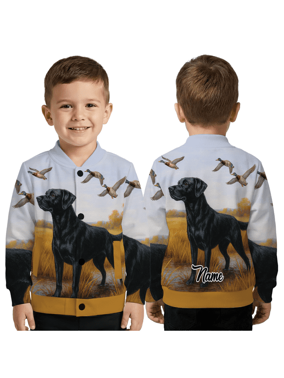 Personalized Black Lab Duck Art Jacket – Retriever Artwork Pet Lover Baseball Jacket, Custom Name Black Labrador Coat