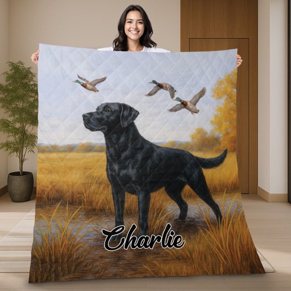 Personalized Black Labrador Hunting Ducks Quilt Blanket – Custom Name Quilt Blanket With Ducks & Autumn Field