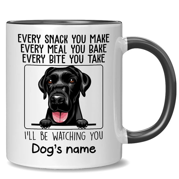 Personalized Black Labrador Retriever Accent Mug, Every Snack You Make I'll Be Watching You, Customized Dog Coffee Mugs for Mom Dad, Custom Dog's Name, Ideas Gifts for Mothers Day, Fathers Day