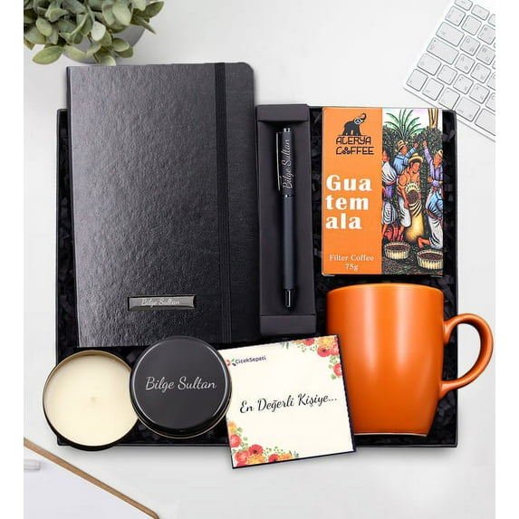 Personalized Black Notebook & Black Matte Roller Pen & Brown Cup & Alerya Guatemala Filter Coffee & Black Metal Boxed Candle Set