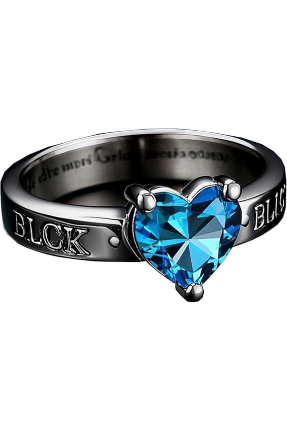 Personalized Black Tone Heart Ring with Blue Center Stone Custom Name Inside Engraving 925 Sterling Silver