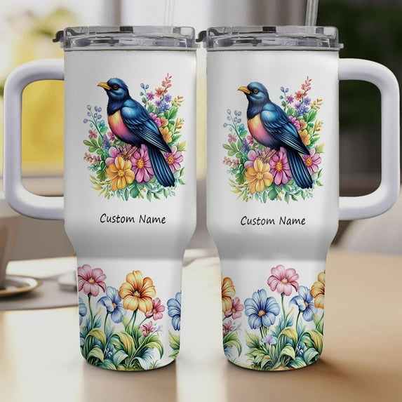 Personalized Blackbird Lover 40oz Tumbler with Handle & Straw - Custom Stainless Steel Travel Mug with Lid - Cute Gift for Girls, Women on Birthday, Holiday, Christmas