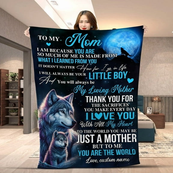 Personalized Blanket for Mom from Daughter or Son – Custom Name Wolf Throw Blanket- Blankets for Mom Mother, Custom To My Mom Blanket Wolf From Little Boy, Little Girl - Fleece-50x60