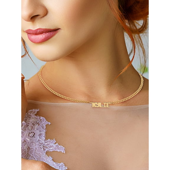 Personalized Block Name Choker Necklace with 14 inch Curb Chain. All Uppercase.