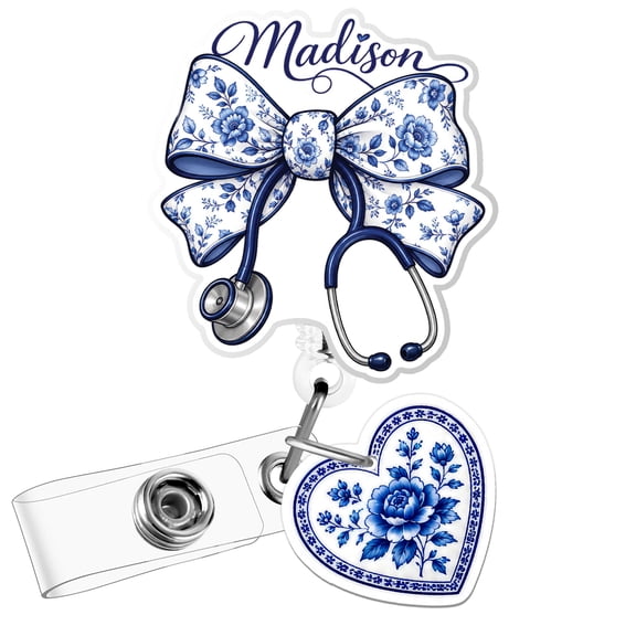 Personalized Blue Floral Bow Nurse Badge Reel, Custom Name Retractable ID Holder with Optional Charm
