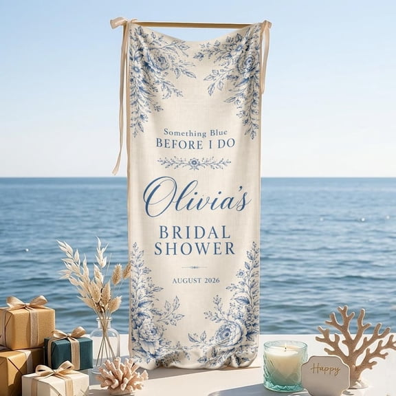 Personalized Blue Floral Linen-Style Fabric Bridal Shower Banner, Custom Something Blue Welcome Sign for Wedding Party Entrance and Reception Decor