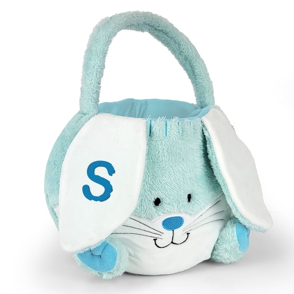 Personalized Blue Fuzzy Easter Bunny Basket With Initial